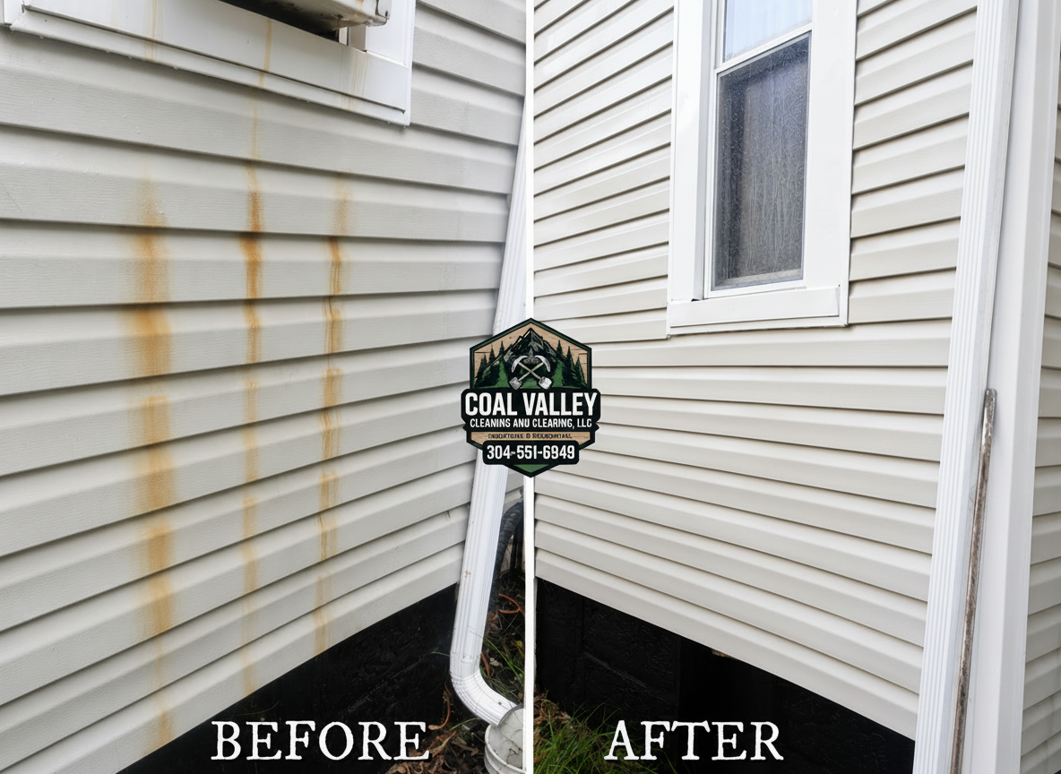 Before and after: house siding soft washing — rust stain removal